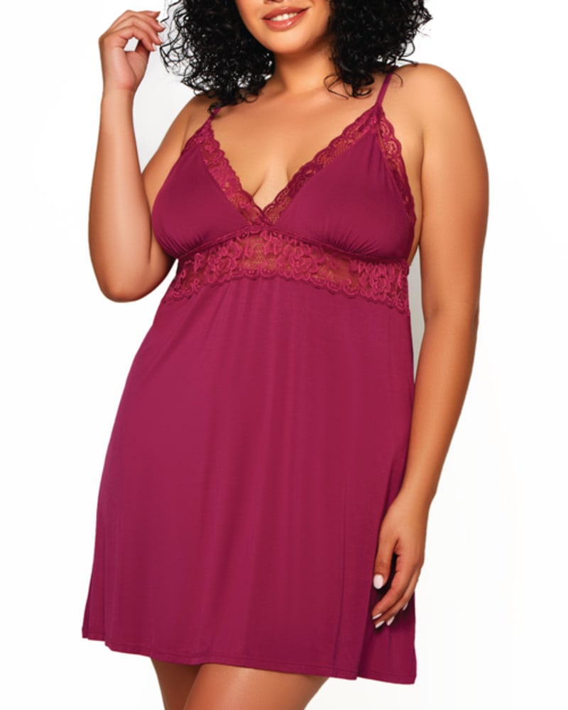 Front of a model wearing a size 1X Priya Lace Chemise in RASP by iCollection. | dia_product_style_image_id:253899